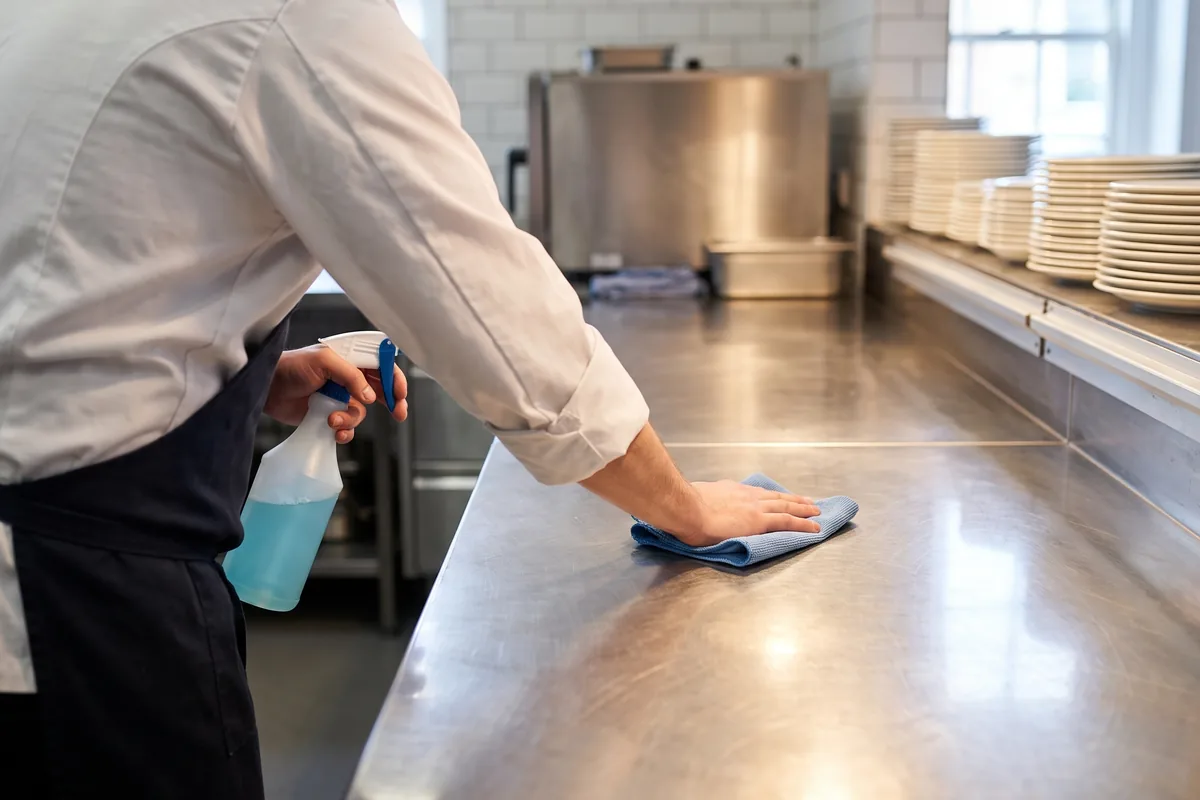 Bucătar care curăță blatul din inox al unui restaurant cu detergent profesional și lavetă din microfibră