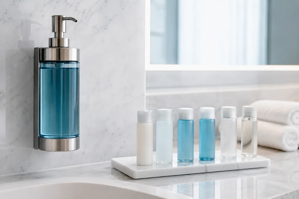 Comparație între dozator montat pe perete și flacoane individuale de cosmetice pentru camera de hotel