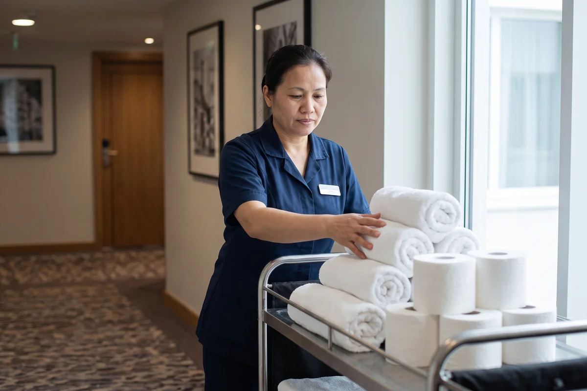 Cameristă de hotel verificând stocul de role de hârtie igienică pe căruciorul de curățenie