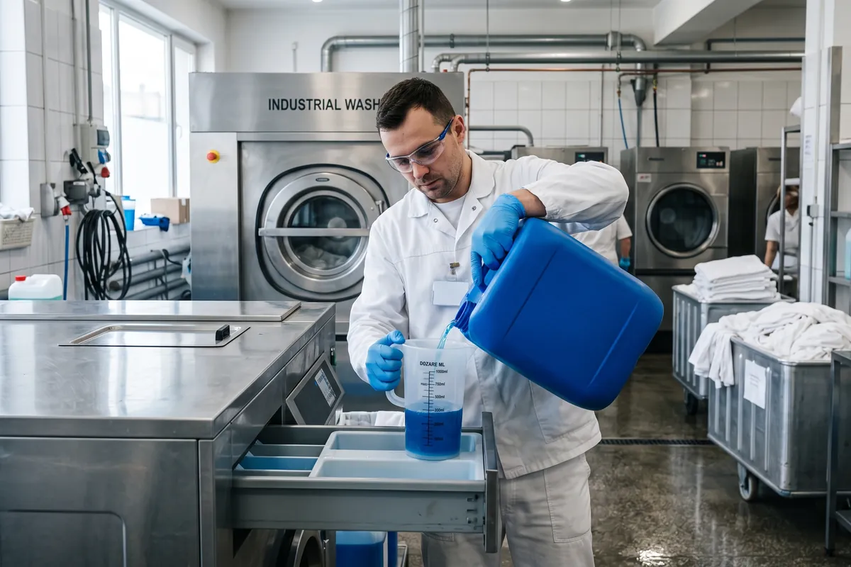 Angajat spălătorie industrială HoReCa dozând corect detergent profesional cu pahar gradat, dintr-un bidon concentrat