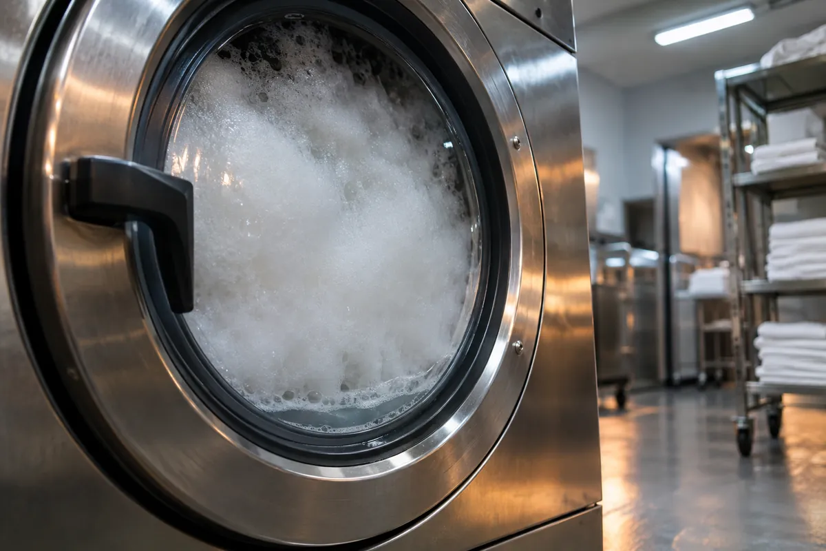 Spumă albă densă lipită de hubloul unei mașini industriale de spălat rufe, într-o spălătorie de hotel cu lenjerie împăturită în fundal