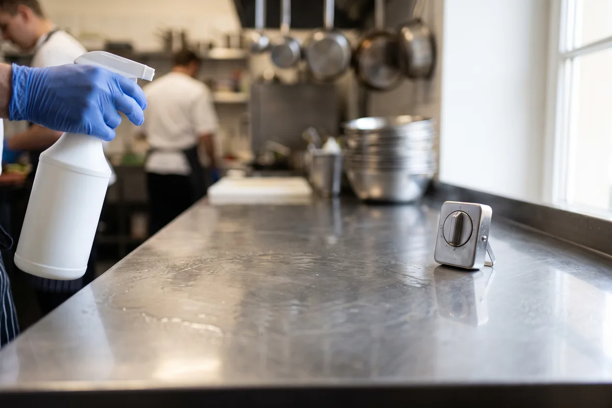Blat de inox dintr-o bucătărie profesională acoperit cu soluție dezinfectantă, pe durata timpului de contact