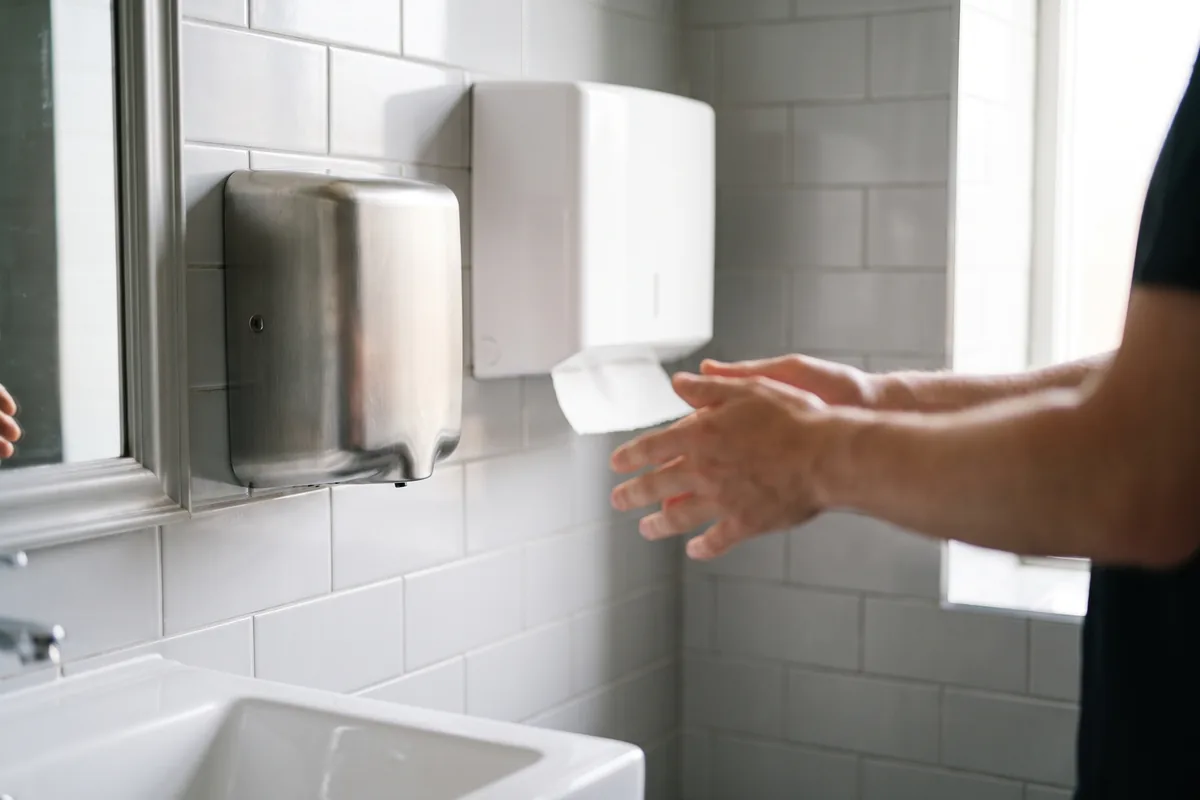 Uscător de mâini din inox și dispenser de prosoape de hârtie montate pe peretele unui grup sanitar de hotel